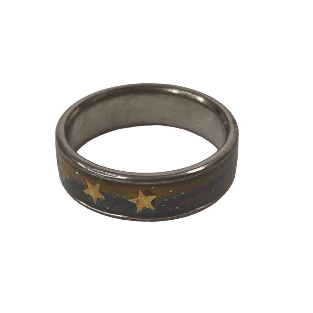 Gold Stars Sparkle Green Silver-tone Ring Band Size 8.25
